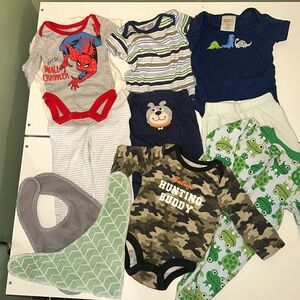 Baby boy clothing bundle 0-3 months 11 items, spiderman onesie, hunting buddy